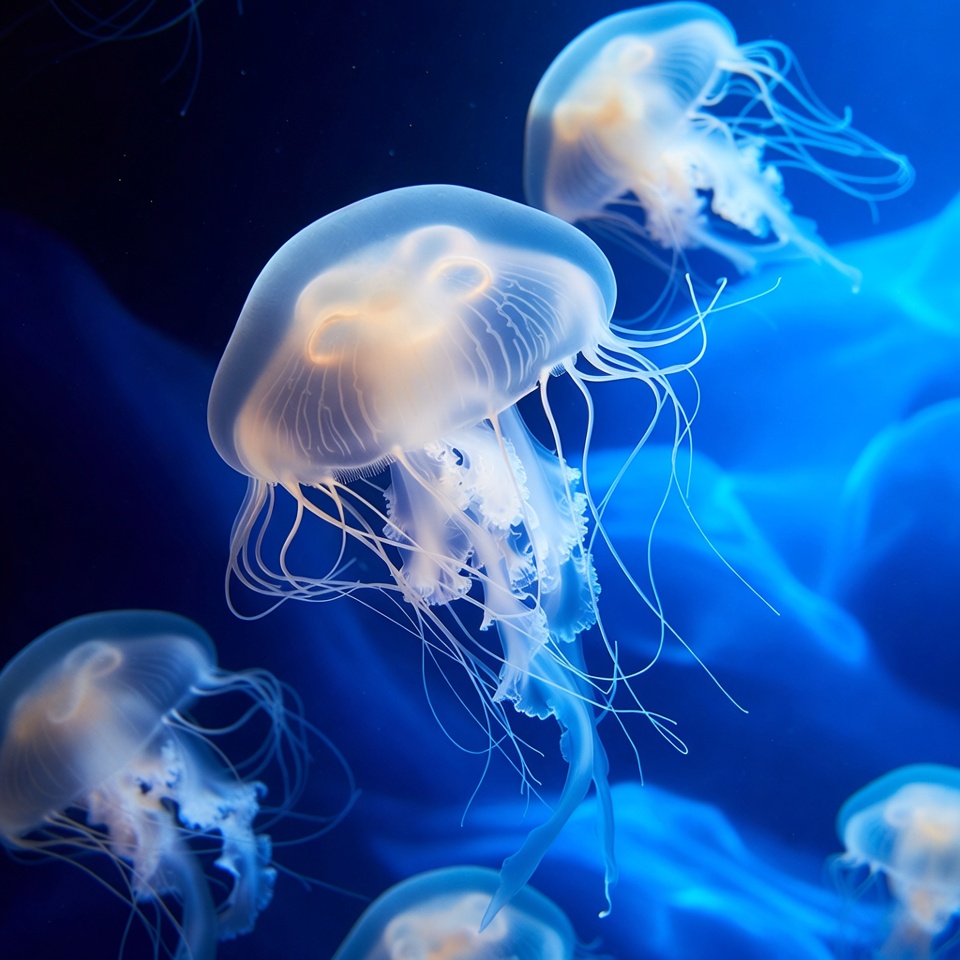 Glowing Jellyfish in Blue Water Glowing Jellyfish in Blue Water