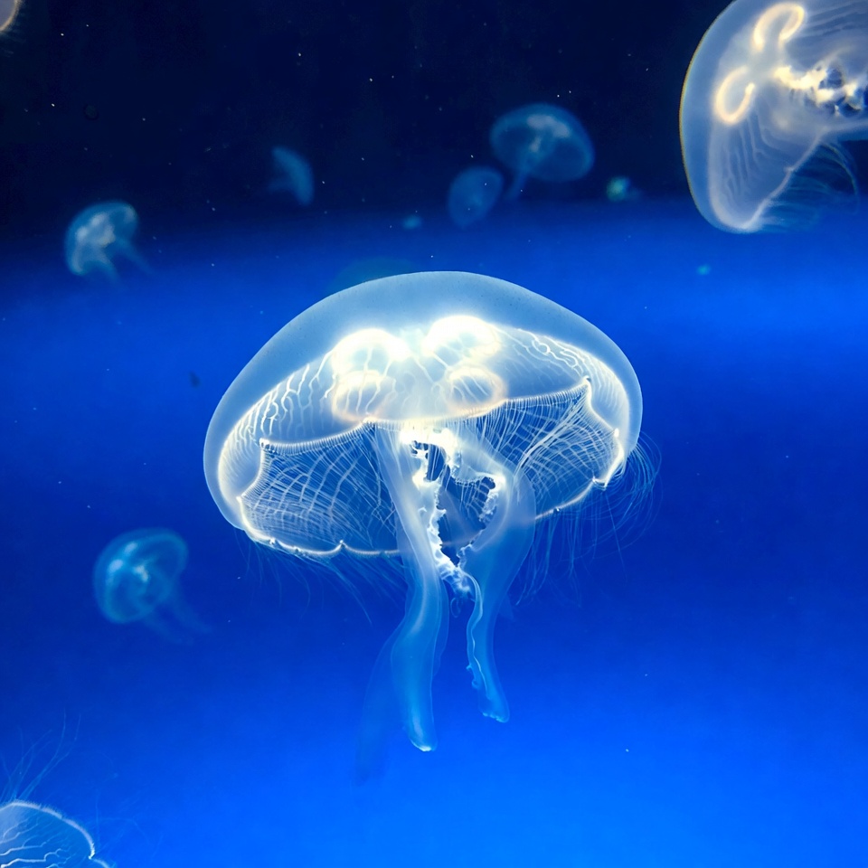 Glowing Jellyfish in Dark Blue Water Glowing Jellyfish in Dark Blue Water