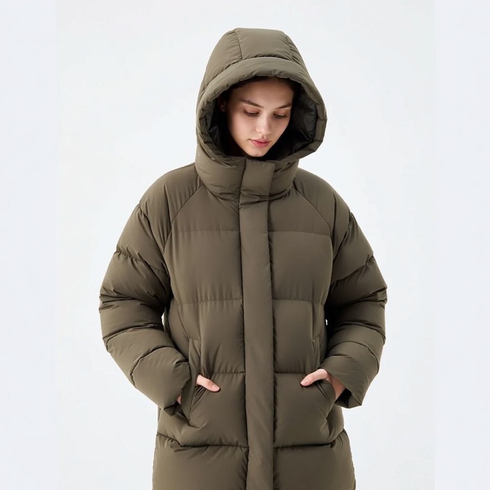 Woman in green hooded puffer jacket Woman in green hooded puffer jacket