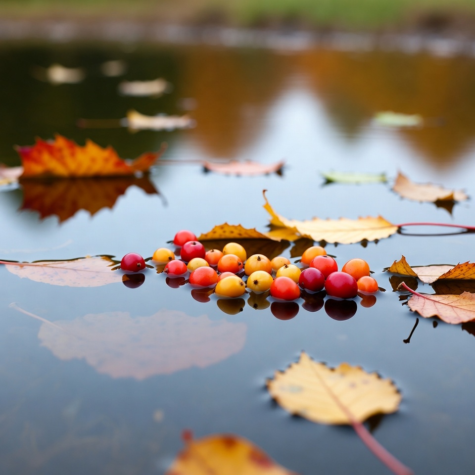 Red Berries and Autumn Leaves on Water Red Berries and Autumn Leaves on Water