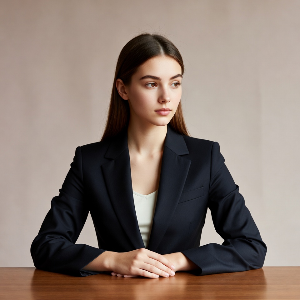 Young woman in black blazer at table Young woman in black blazer at table