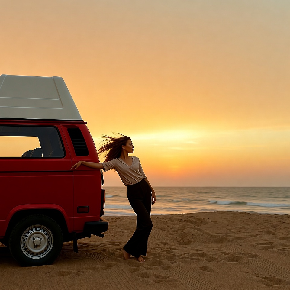Woman leaning on red VW van at beach sunset Woman leaning on red VW van at beach sunset