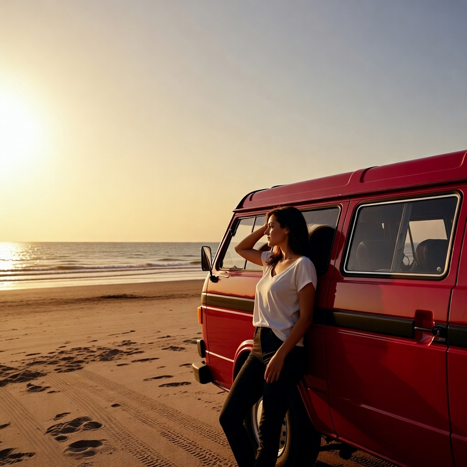 Woman leaning on red VW van at sunset beach Woman leaning on red VW van at sunset beach
