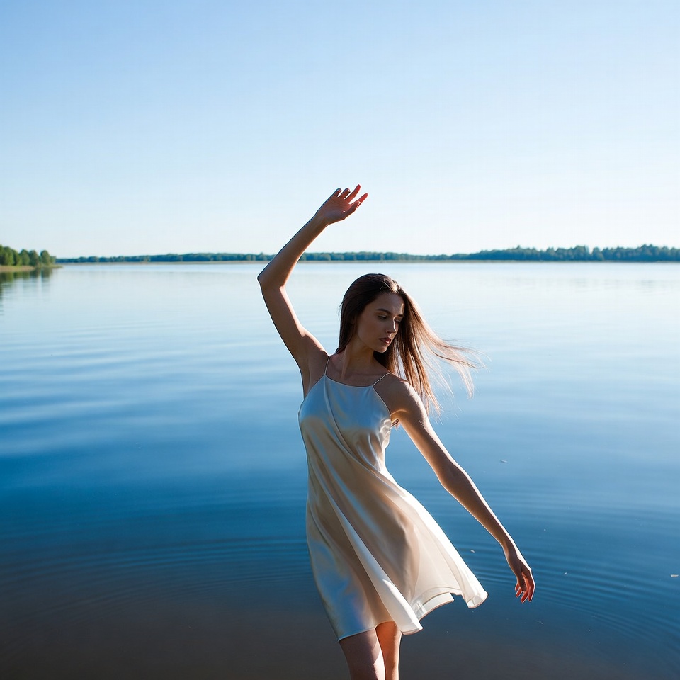 Woman dancing by lake shore Woman dancing by lake shore