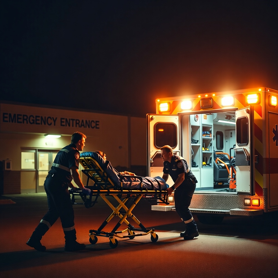 Paramedics wheeling patient into ambulance Paramedics wheeling patient into ambulance