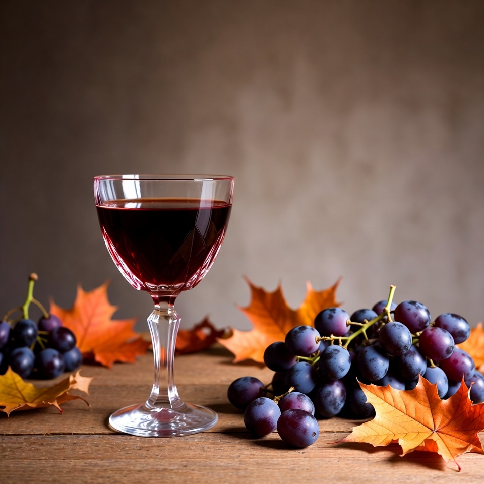 Red Wine Glass with Grapes and Autumn Leaves Red Wine Glass with Grapes and Autumn Leaves