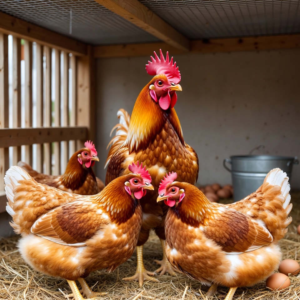 Rooster with hens in chicken coop Rooster with hens in chicken coop