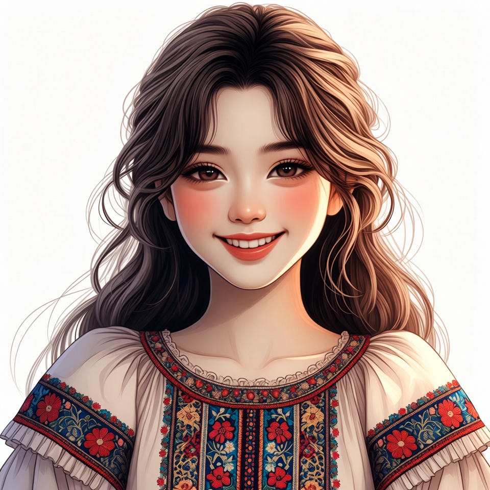 Asian woman in embroidered blouse smiling Asian woman in embroidered blouse smiling