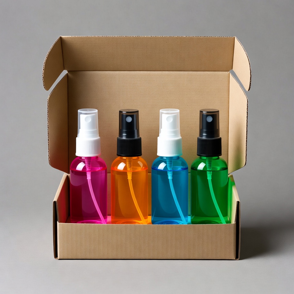 Colorful Spray Bottles in Cardboard Box Colorful Spray Bottles in Cardboard Box