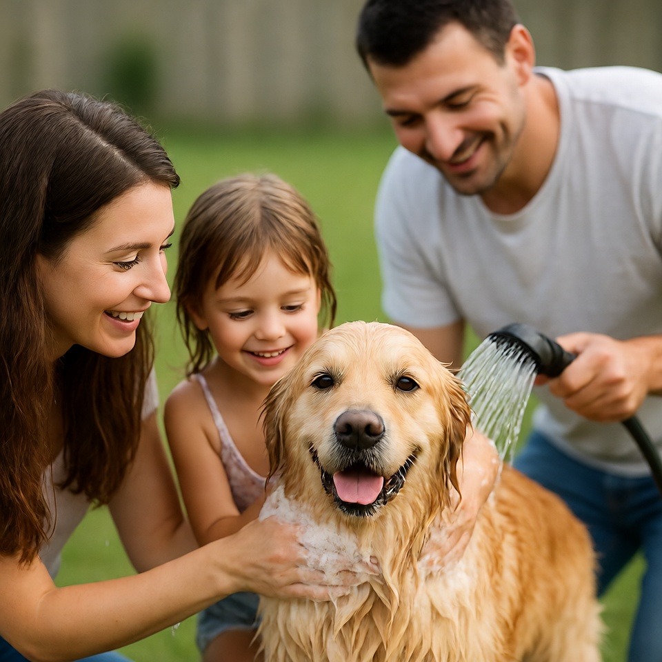 Family washing golden retriever dog Family washing golden retriever dog