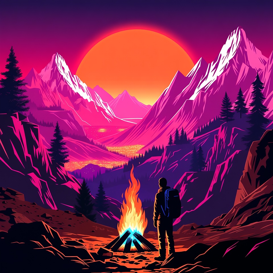 Man viewing sunset over mountains by campfire Man viewing sunset over mountains by campfire