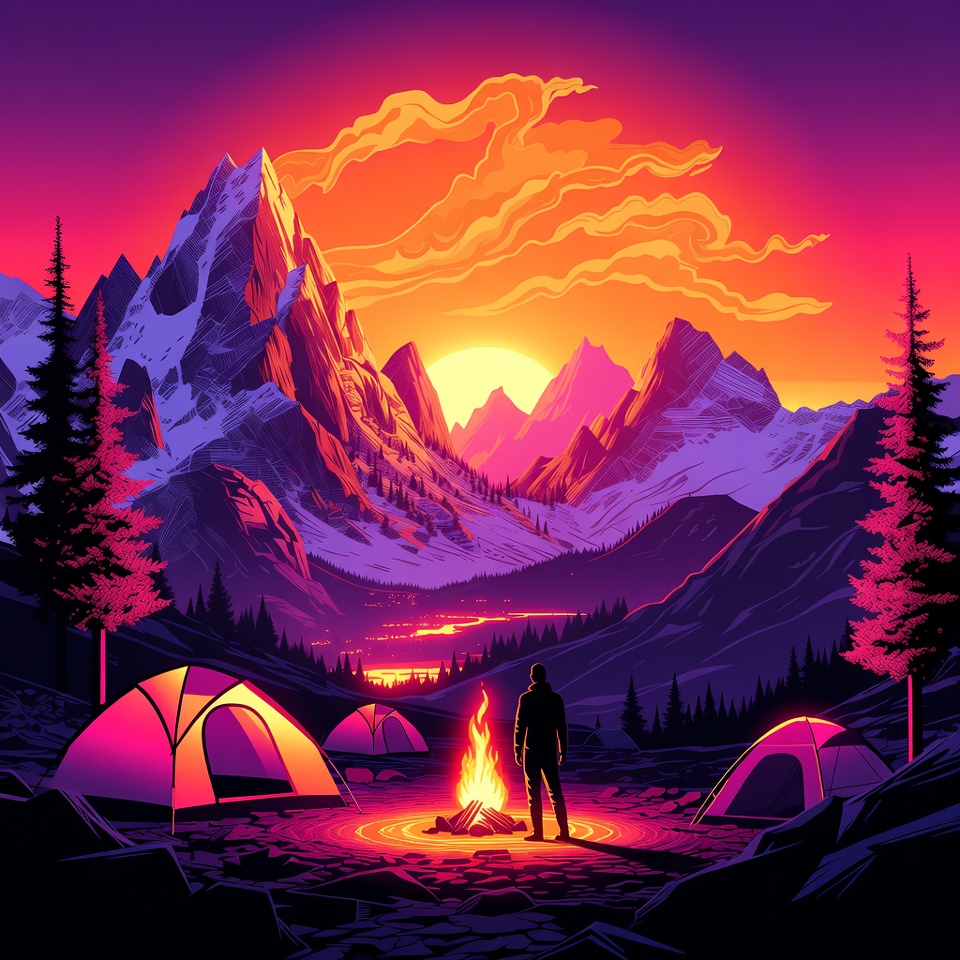 Man by campfire in neon mountains Man by campfire in neon mountains