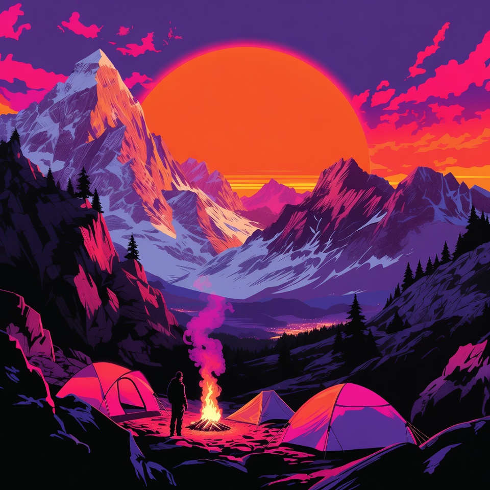 Man camping by campfire in mountains Man camping by campfire in mountains