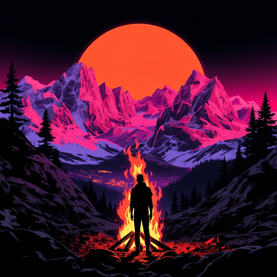 Silhouette man by campfire with sunset mountains Silhouette man by campfire with sunset mountains