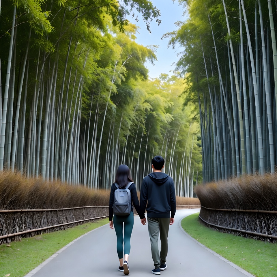 Asian couple walking bamboo forest path Asian couple walking bamboo forest path