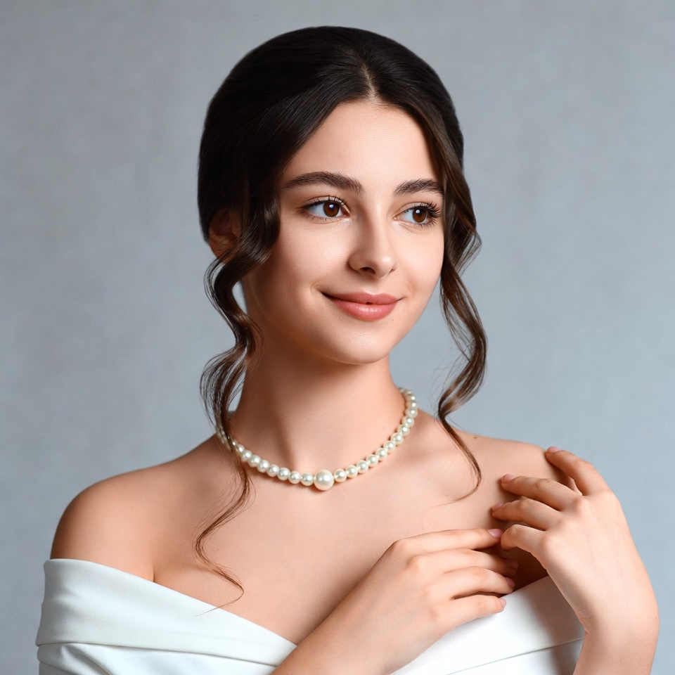 Woman wearing pearl necklace Woman wearing pearl necklace