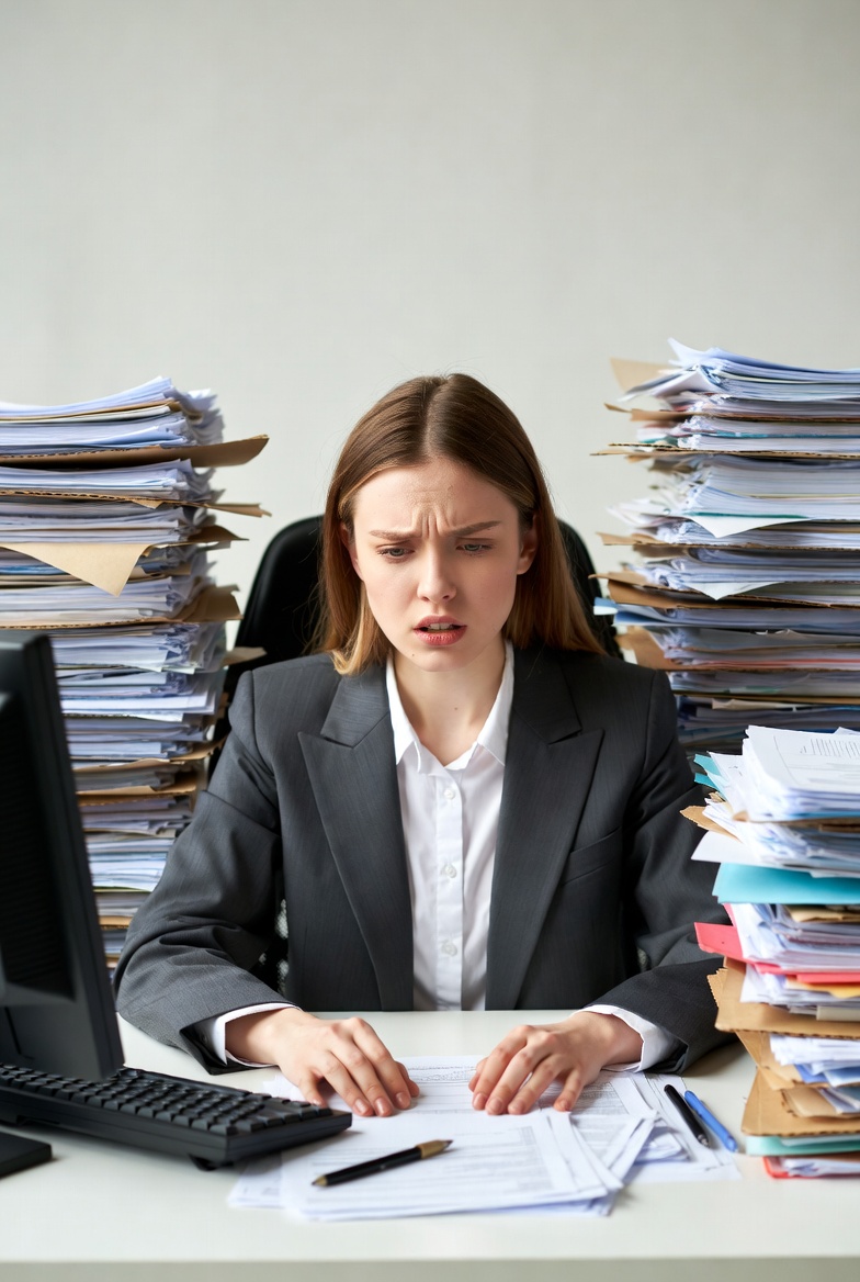 Overwhelmed woman surrounded by paperwork Overwhelmed woman surrounded by paperwork