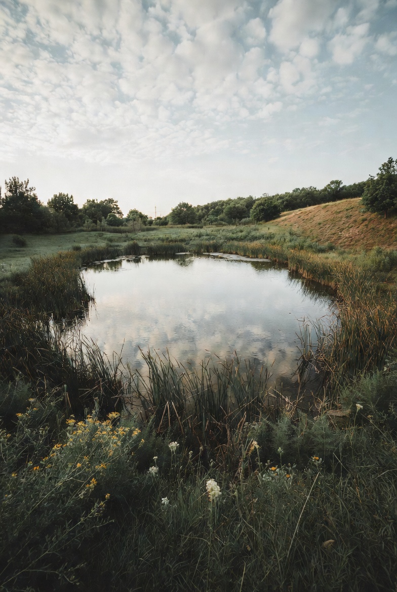 Scenic Pond with Reeds and Clouds Scenic Pond with Reeds and Clouds