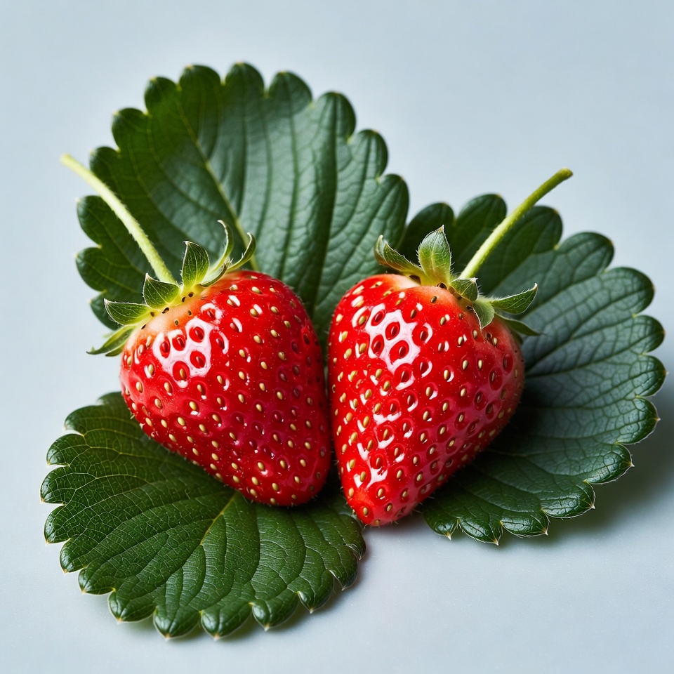 Two Fresh Strawberries on Green Leaves Two Fresh Strawberries on Green Leaves