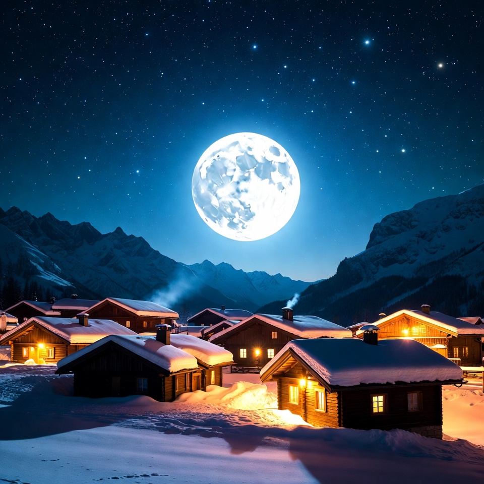Snowy Mountain Village Under Full Moon Snowy Mountain Village Under Full Moon