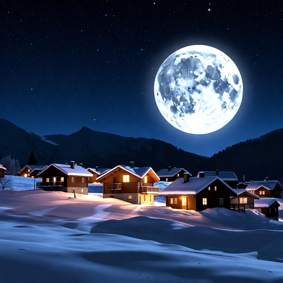 Snowy Chalets Under Full Moon Snowy Chalets Under Full Moon