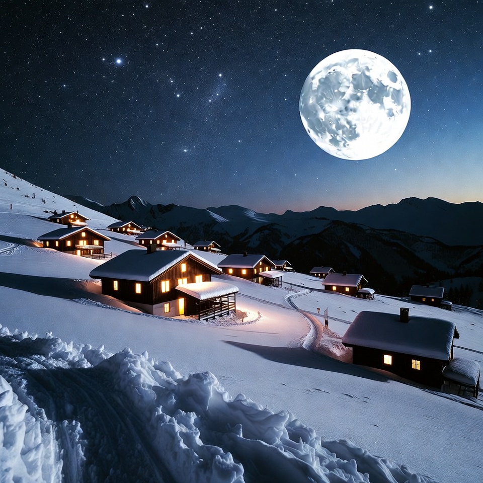 Snowy Mountain Chalets Under Full Moon Snowy Mountain Chalets Under Full Moon