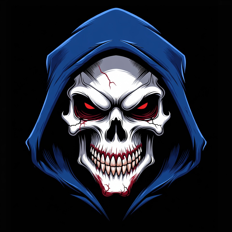 Blue Hooded Skull with Red Eyes Blue Hooded Skull with Red Eyes