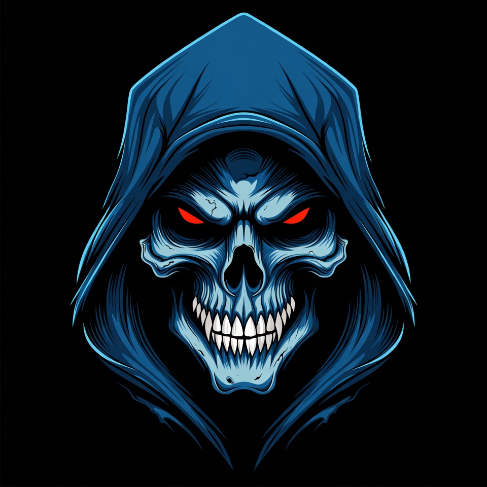 Blue Hooded Skull with Red Eyes Blue Hooded Skull with Red Eyes