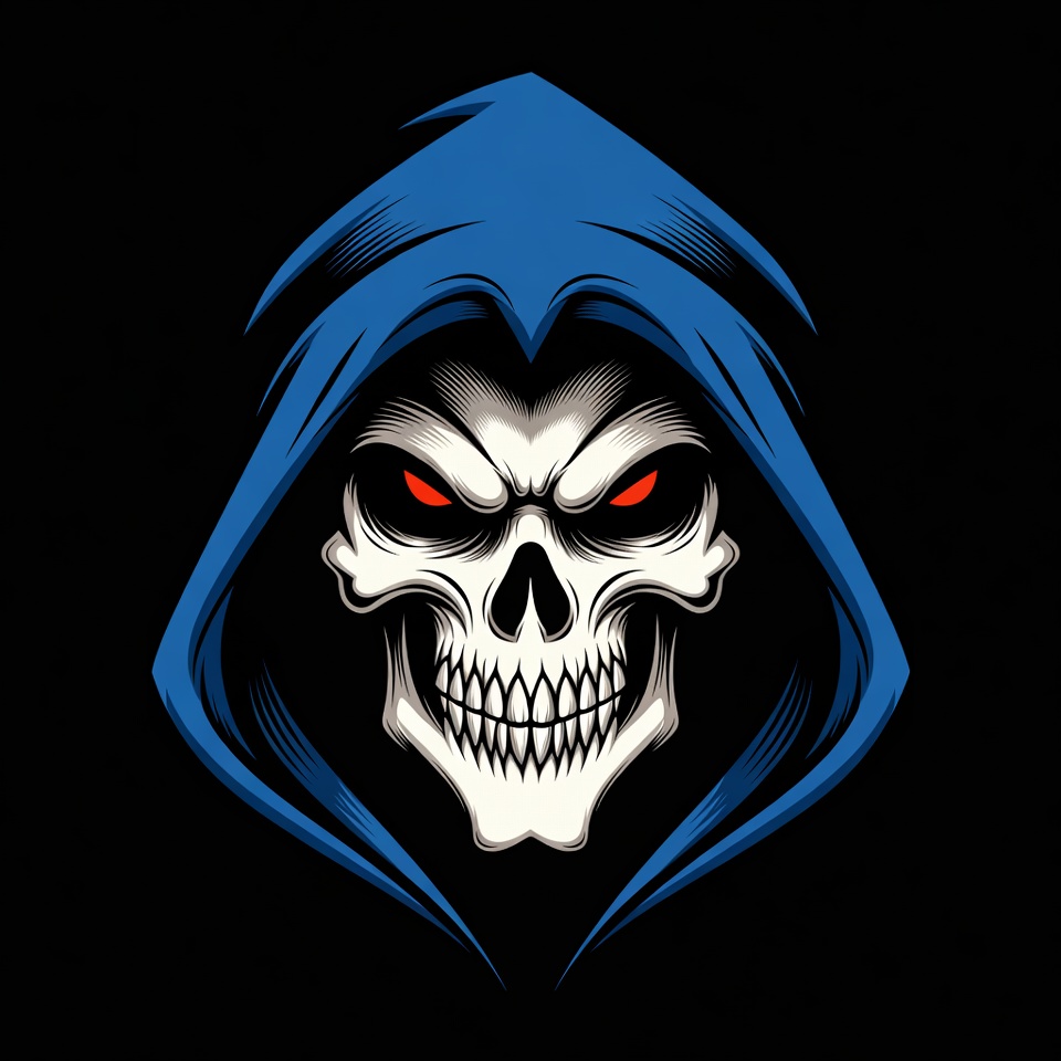 Blue Hooded Skull with Red Eyes Blue Hooded Skull with Red Eyes