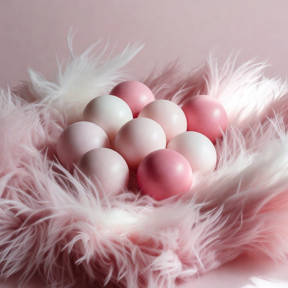 Pink and white eggs in fluffy nest Pink and white eggs in fluffy nest