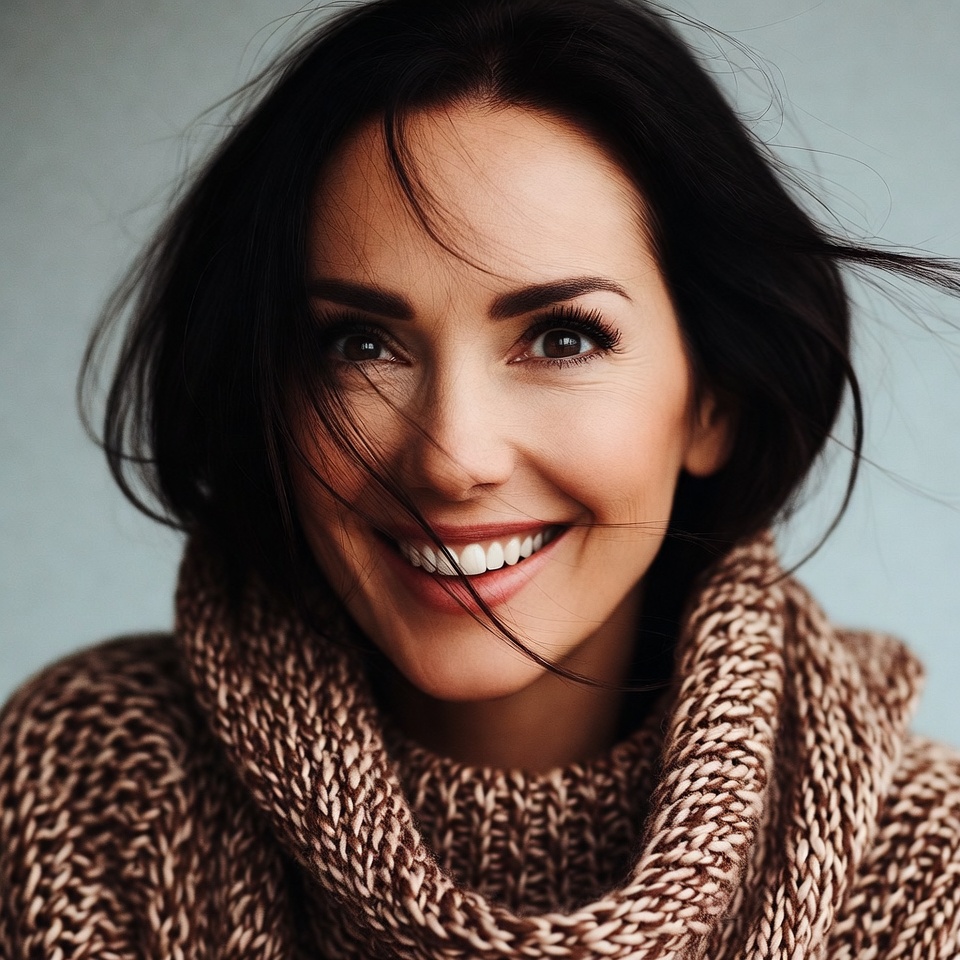 Smiling woman in brown turtleneck Smiling woman in brown turtleneck