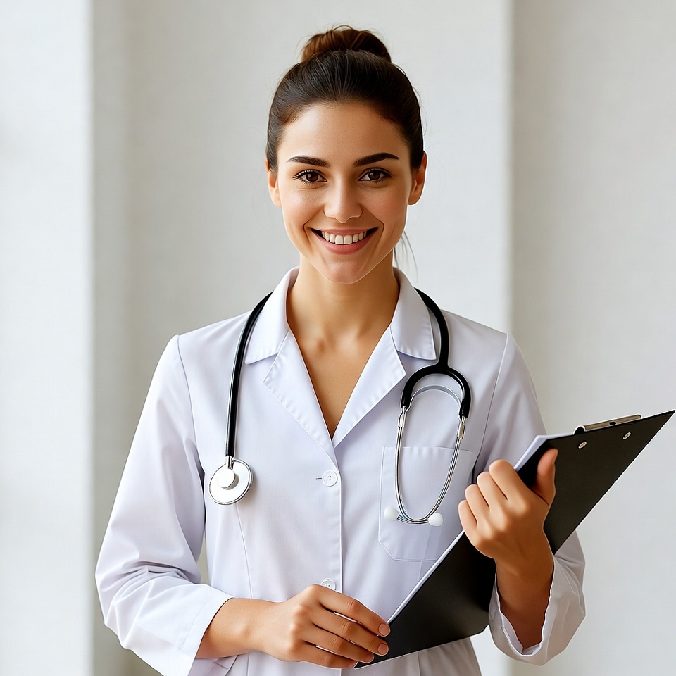 Smiling female doctor holding stethoscope clipboard Smiling female doctor holding stethoscope clipboard