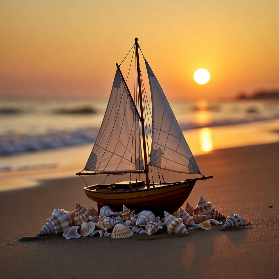 Toy Sailboat with Seashells on Beach Sunset Toy Sailboat with Seashells on Beach Sunset