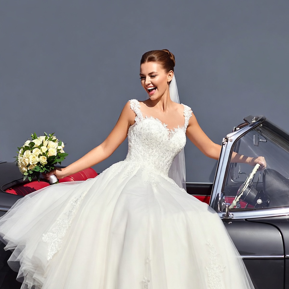 Bride laughing in red convertible Bride laughing in red convertible