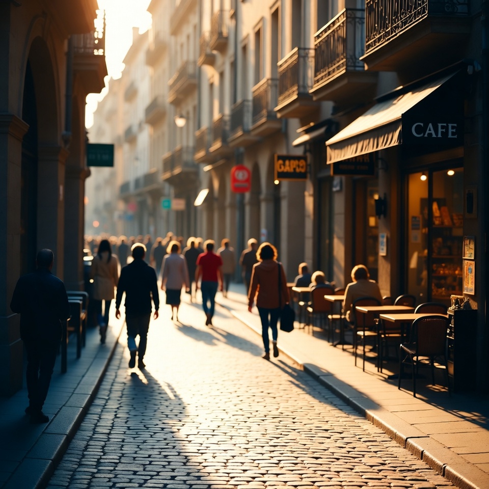 Crowded European Street Cafe Sunset Crowded European Street Cafe Sunset