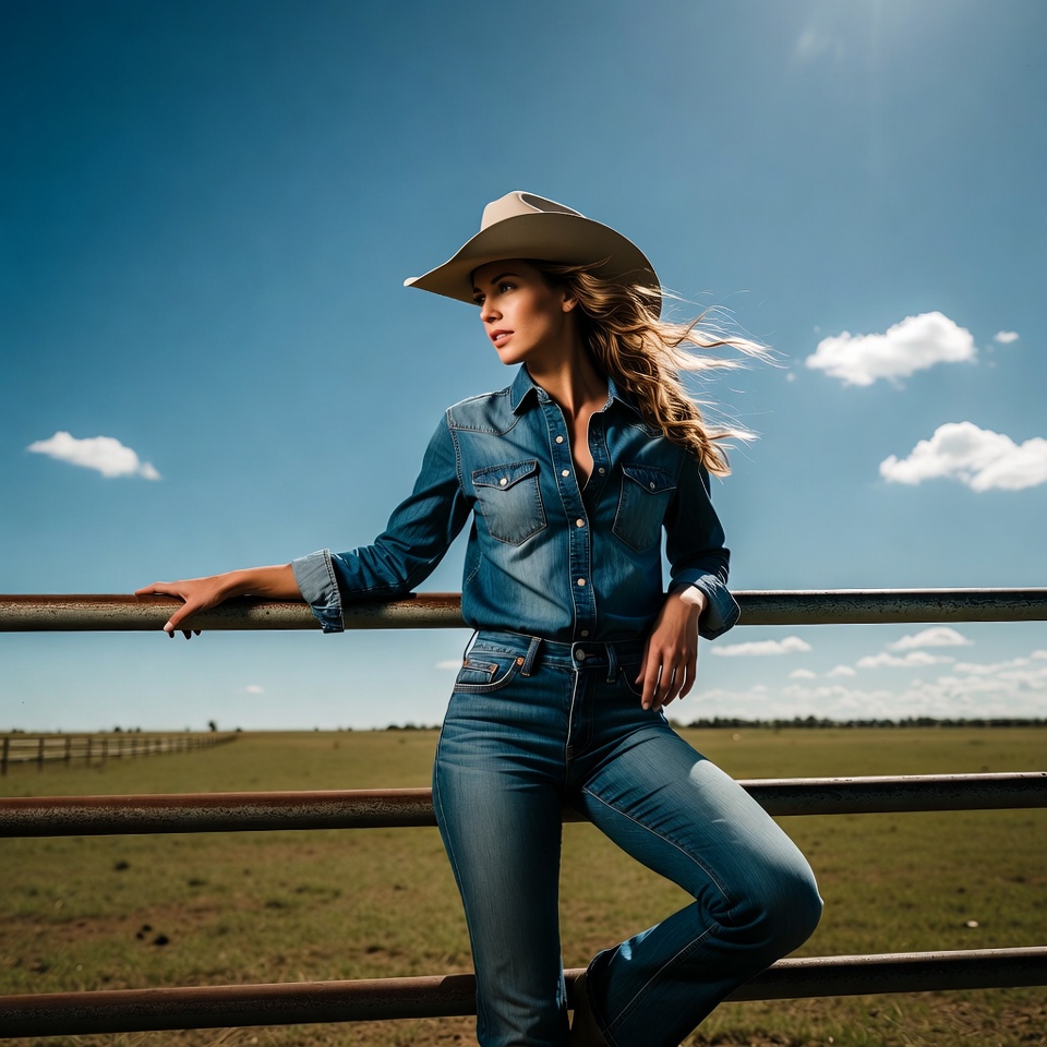 Woman in cowboy hat leaning on ranch fence Woman in cowboy hat leaning on ranch fence