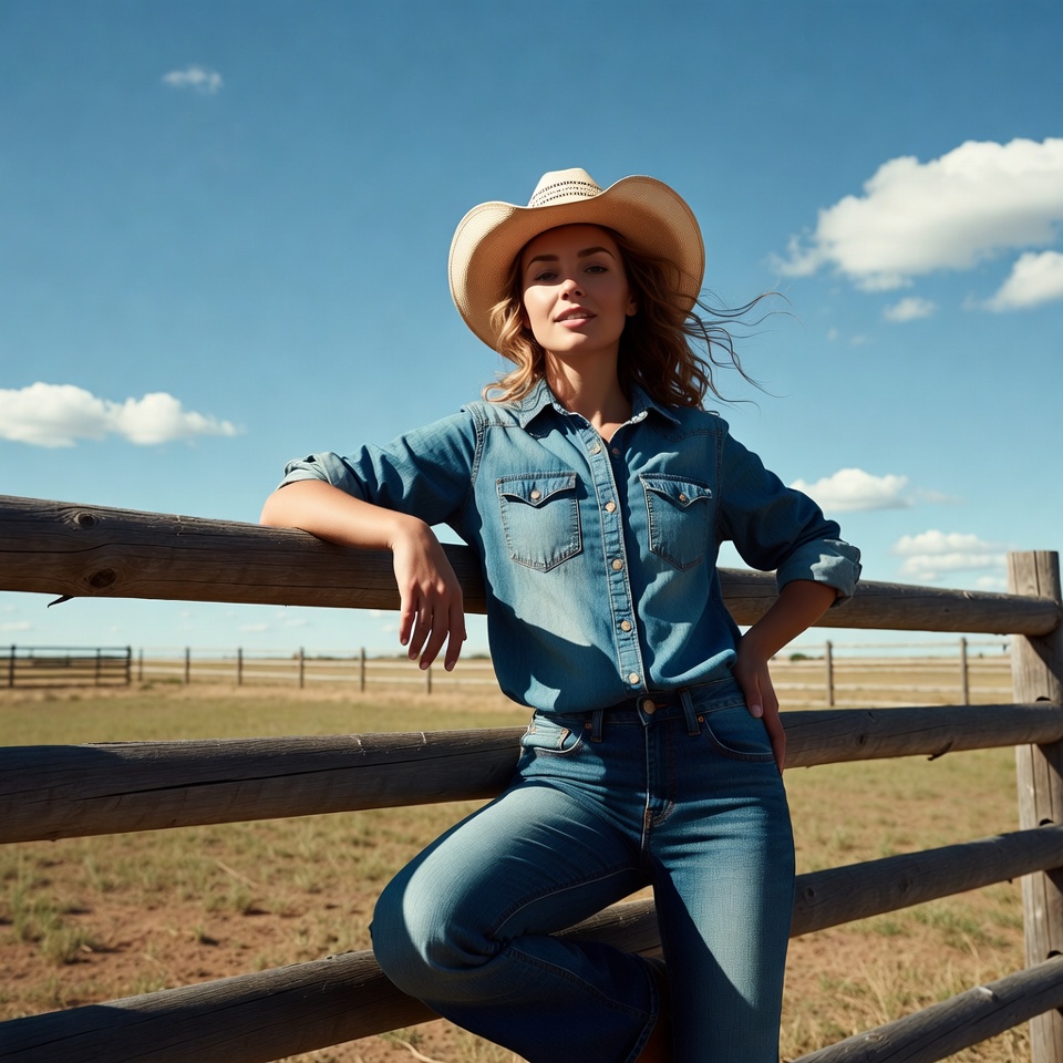 Woman in cowboy hat leaning on fence Woman in cowboy hat leaning on fence