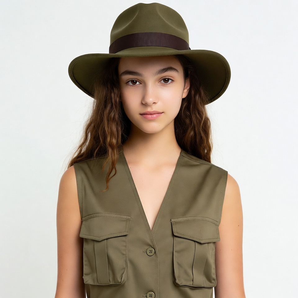 Girl wearing green hat and vest Girl wearing green hat and vest