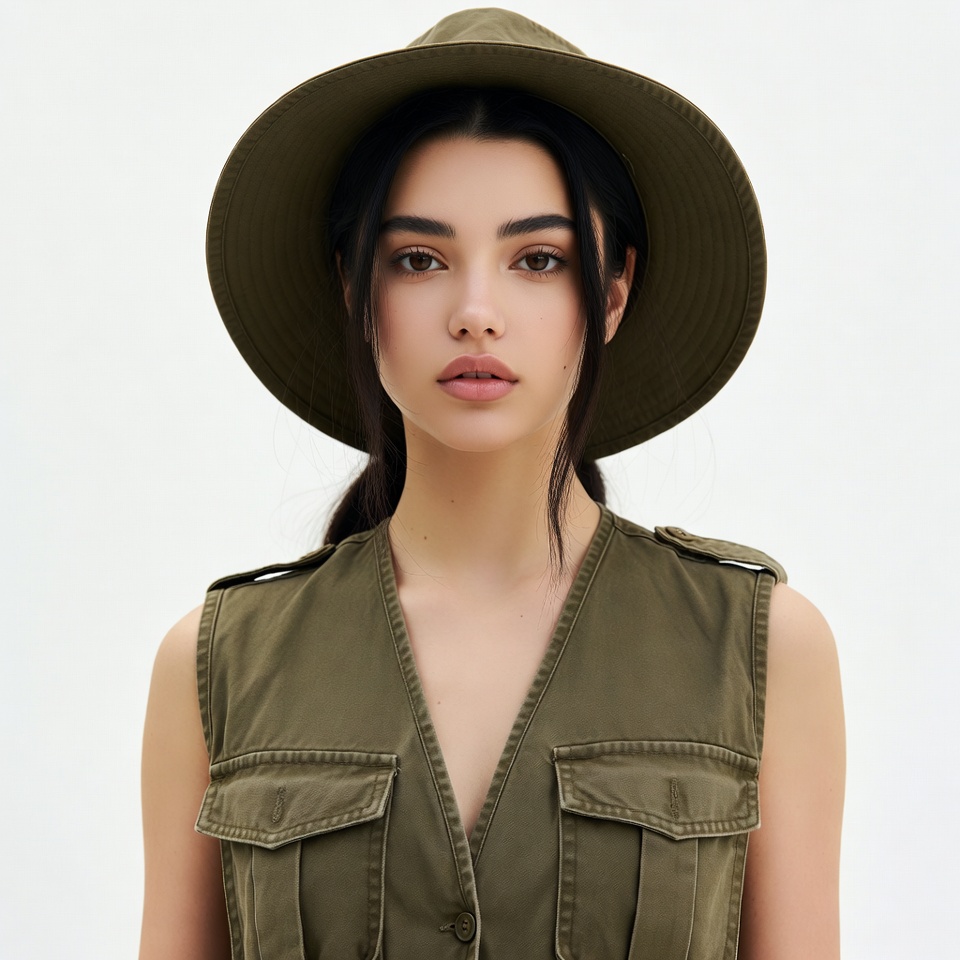 Woman wearing green hat and vest Woman wearing green hat and vest