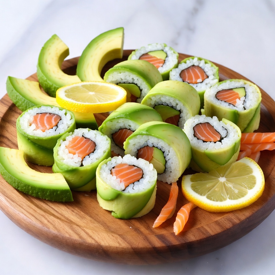 Avocado Salmon Sushi Rolls on Plate Avocado Salmon Sushi Rolls on Plate