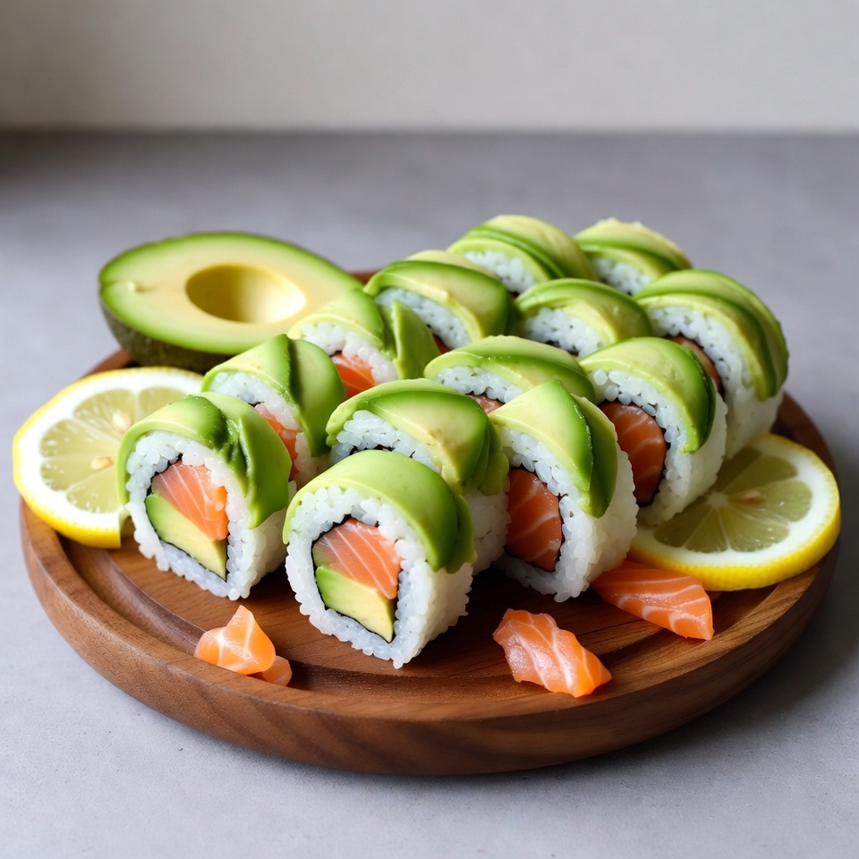 Avocado Salmon Sushi Rolls with Lemon Avocado Salmon Sushi Rolls with Lemon