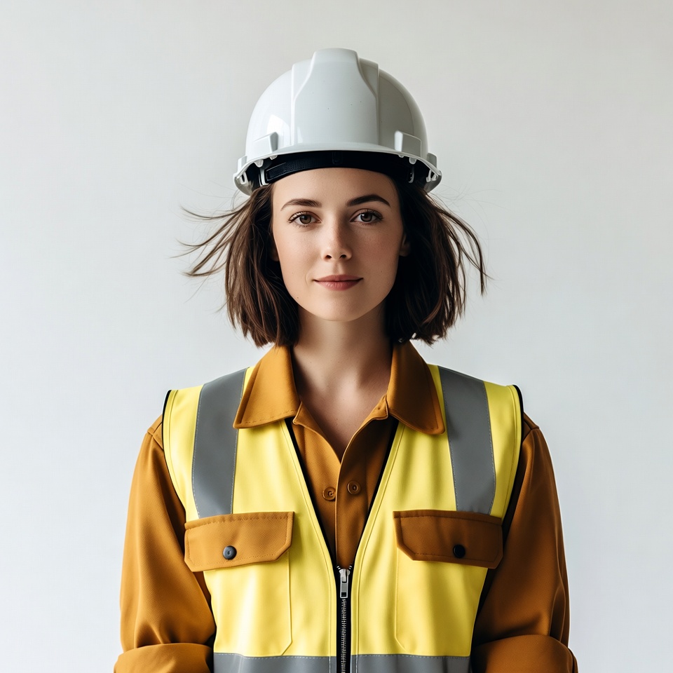 Woman wearing hard hat and hi-vis vest Woman wearing hard hat and hi-vis vest