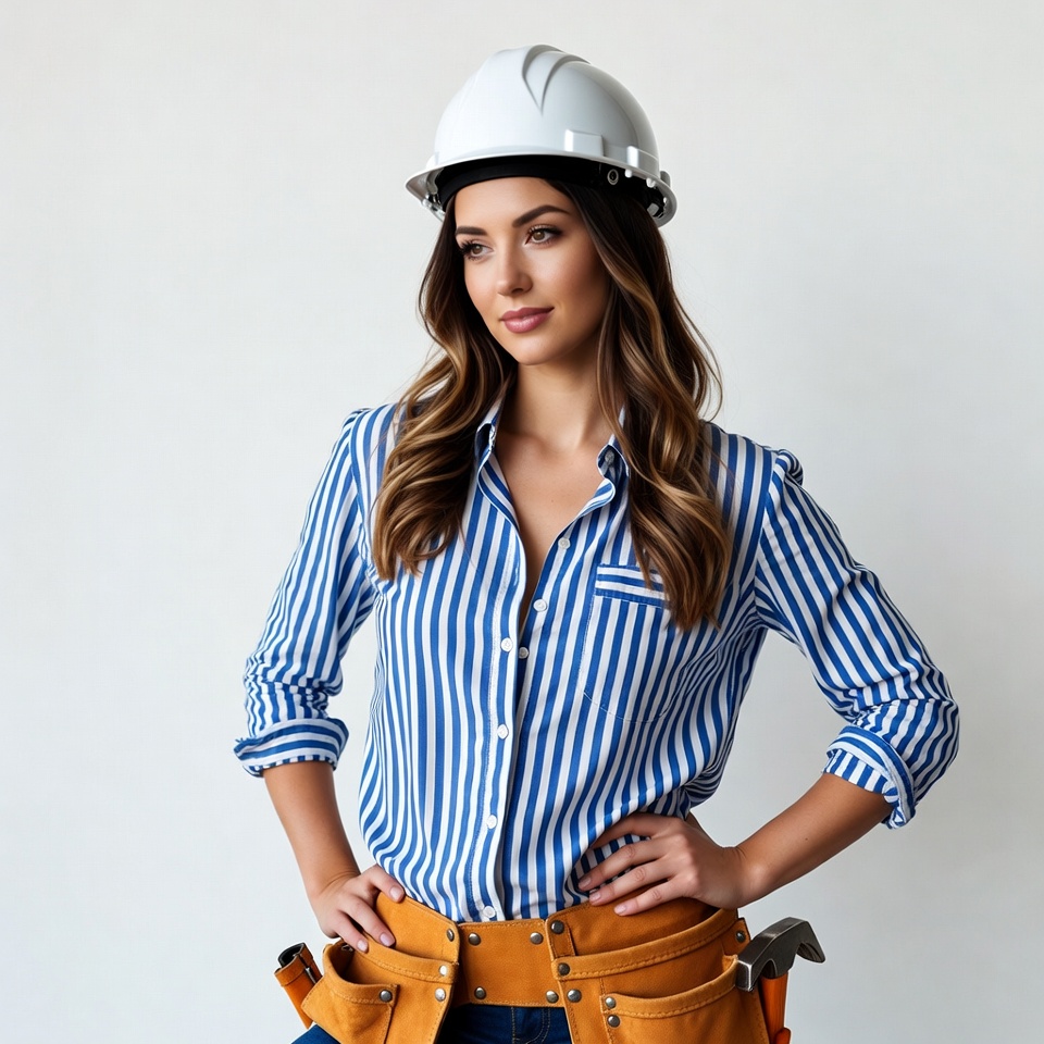 Woman in hard hat with tool belt Woman in hard hat with tool belt