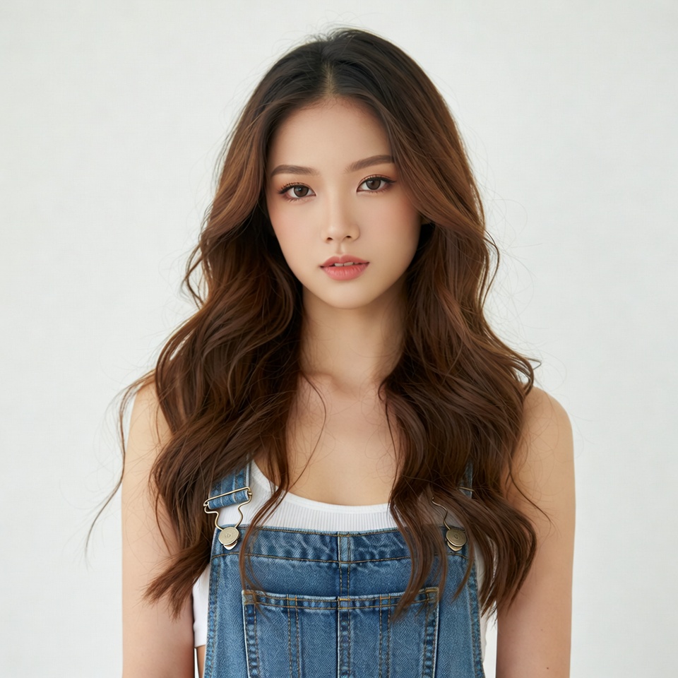 Asian woman in denim overalls Asian woman in denim overalls