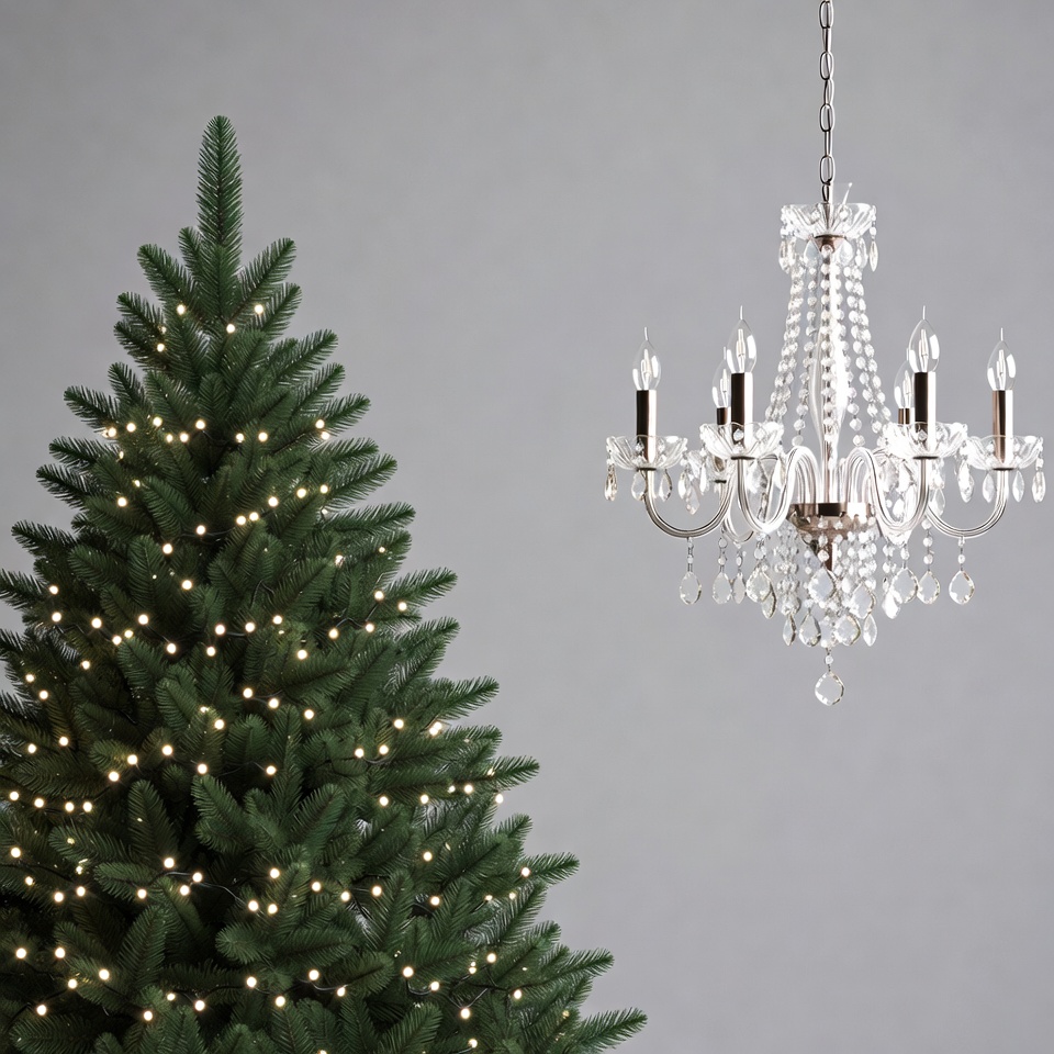Lit Christmas Tree and Crystal Chandelier Lit Christmas Tree and Crystal Chandelier