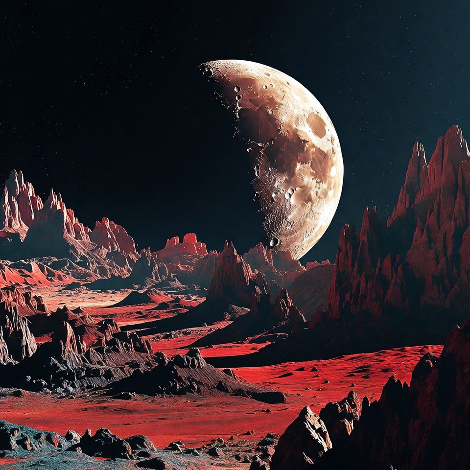 Crescent Moon over Red Alien Landscape Crescent Moon over Red Alien Landscape