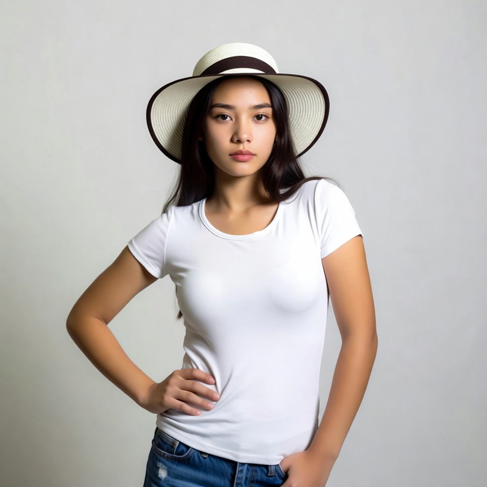 Asian girl in straw hat and white t-shirt Asian girl in straw hat and white t-shirt