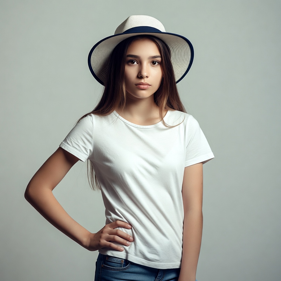 Teen girl in straw hat and white t-shirt Teen girl in straw hat and white t-shirt