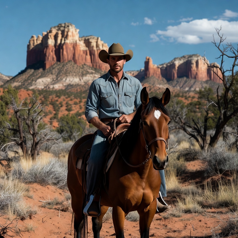Cowboy riding horse in red rock desert Cowboy riding horse in red rock desert