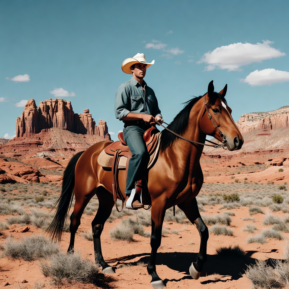 Cowboy riding horse in desert Cowboy riding horse in desert